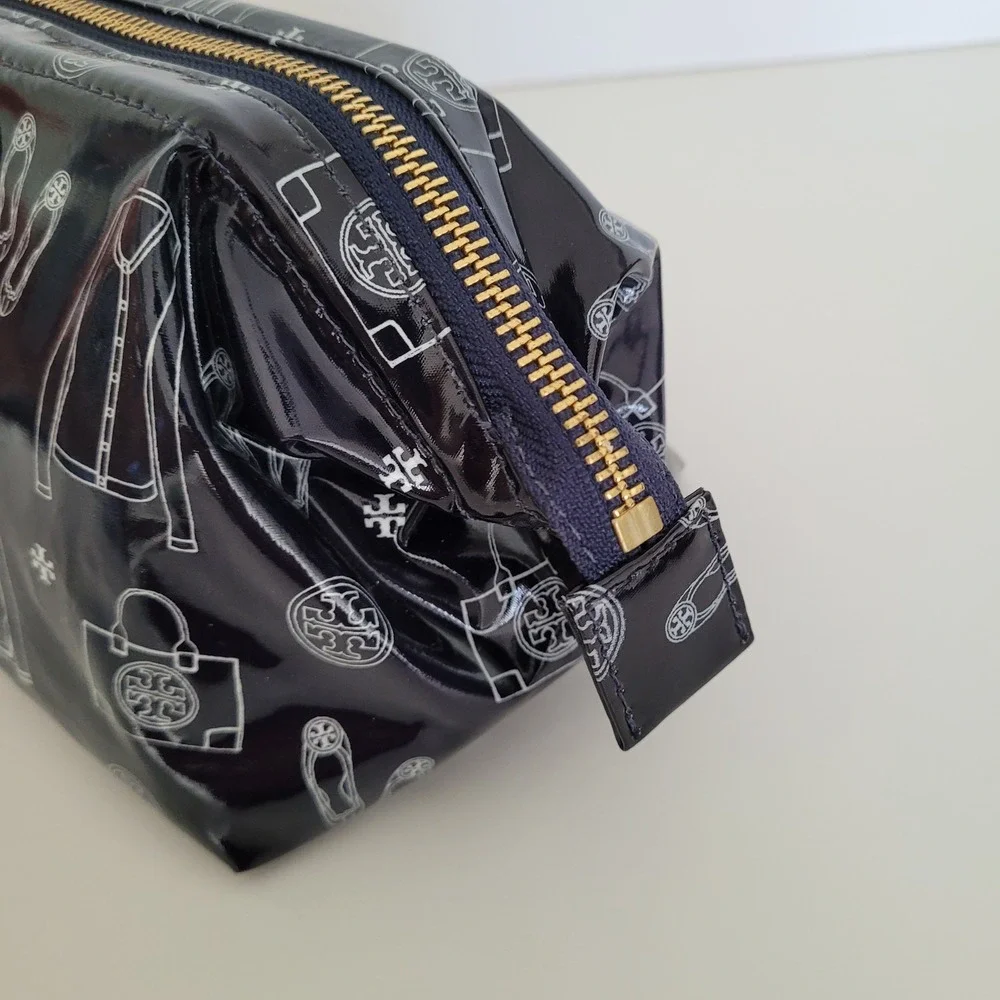 Tory Burch Navy Blue Patent Illustrative Print Cosmetic Bag Makeup Case Gold Log